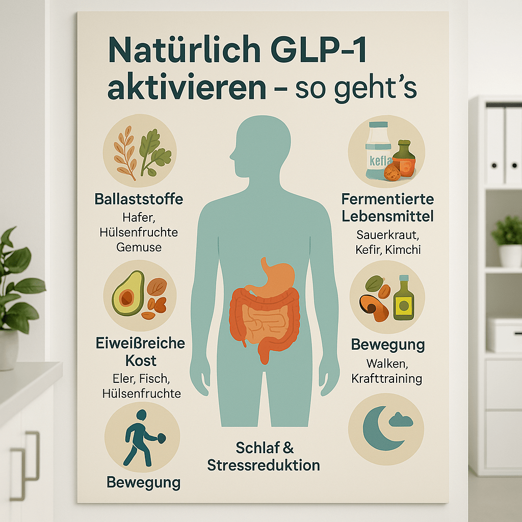 Abnehmspritze Darstellung eines Menschen umgeben von Lebensmitteln als natürliche GLP-1-Quellen für gesundes Abnehmen und ganzheitliche Medizin in der Privatpraxis Dr. med. Doris Gottfried in Erlangen