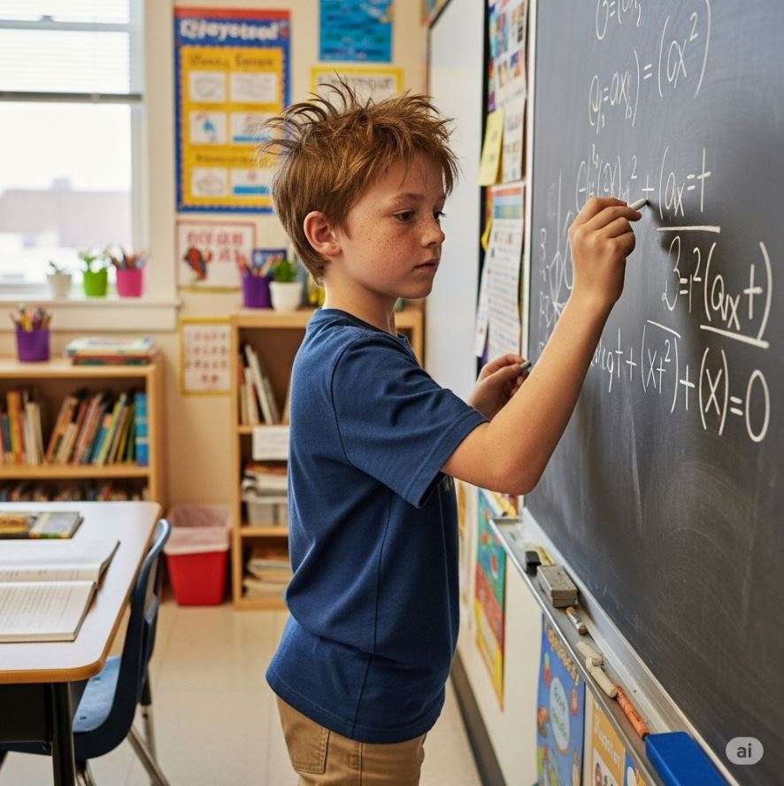 Autismus ADHS 1 Autismus ADHS Darstellung eines hochbegabten Jungen, der in der Grundschule Quantenphysik an der Tafel rechnet – Unterstützung durch ganzheitliche Medizin in der Privatpraxis Dr. med. Doris Gottfried in Erlangen
