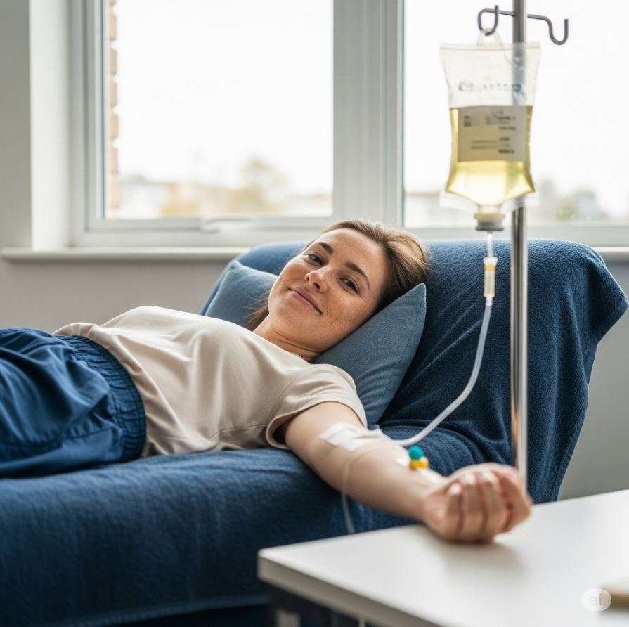 Chelattherapie 1 Chelattherapie: Eine Frau sitzt entspannt beim Arzt und bekommt eine Infusion mit Chelatbildnern. Diese Therapie dient der Schwermetallausleitung, Entgiftung und Verbesserung der Zellgesundheit. In der Privatpraxis Dr. med. Doris Gottfried in Erlangen (Raum Nürnberg/Fürth) wird Chelattherapie als Teil eines ganzheitlichen Behandlungskonzepts eingesetzt, um chronische Belastungen zu reduzieren und die Stoffwechselregulation zu fördern.