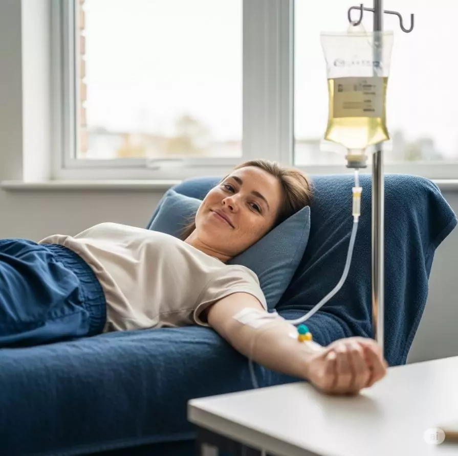 Chelattherapie: Eine Frau sitzt entspannt beim Arzt und bekommt eine Infusion mit Chelatbildnern. Diese Therapie dient der Schwermetallausleitung, Entgiftung und Verbesserung der Zellgesundheit. In der Privatpraxis Dr. med. Doris Gottfried in Erlangen (Raum Nürnberg/Fürth) wird Chelattherapie als Teil eines ganzheitlichen Behandlungskonzepts eingesetzt, um chronische Belastungen zu reduzieren und die Stoffwechselregulation zu fördern.