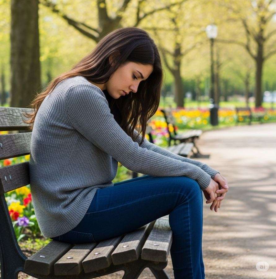 Depression – Frau sitzt nachdenklich und traurig auf einer Parkbank, Symbol für depressive Verstimmung und ganzheitliche Therapie in der Privatpraxis Dr. med. Doris Gottfried in Erlangen (Raum Nürnberg/Fürth)