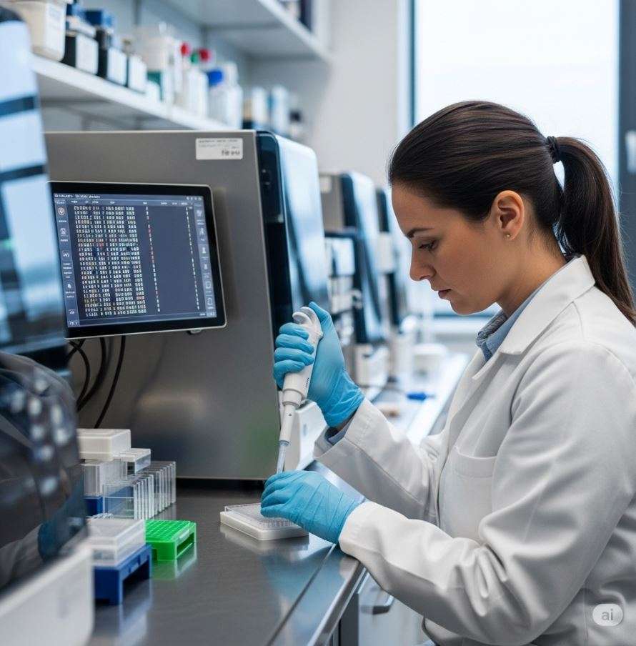 Genanalyse: Eine Frau im Labor untersucht genetisches Material unter professionellen Bedingungen. Dieses Motiv steht für präzise Diagnostik, genetische Risikobewertung und die Grundlage für personalisierte, ganzheitliche Therapie in der Privatpraxis Dr. med. Doris Gottfried in Erlangen (Raum Nürnberg/Fürth).