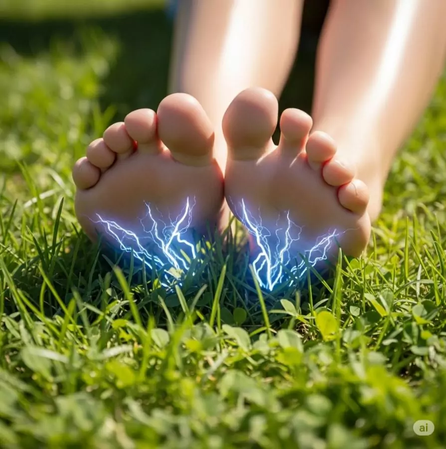 Barfuße Füße stehen auf grünem Gras, Energie fließt symbolisch vom Boden in die Füße – Grounding in der Privatpraxis Dr. med. Doris Gottfried in Erlangen (Raum Nürnberg/Fürth)