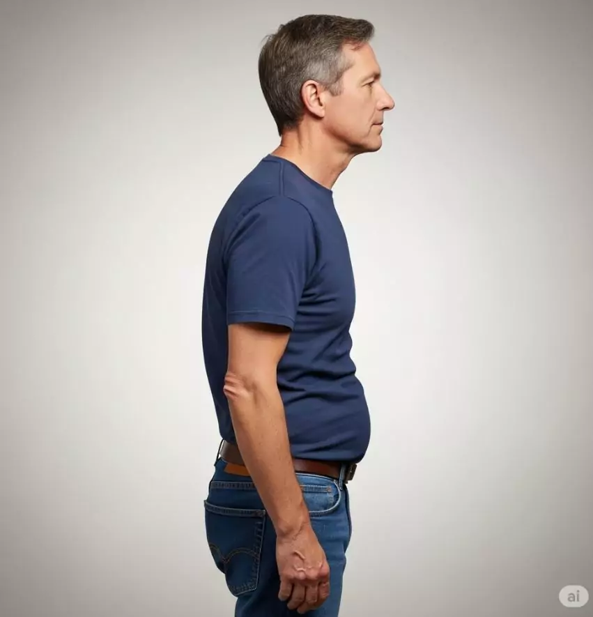 HWS Kurvenkorrektur: Ein Mann steht in vorwärtsgebeugter Haltung mit deutlich sichtbarer Fehlstellung der Halswirbelsäule (Forward Head Posture). Diese Körperhaltung ist typisch bei HWS-Problemen und kann langfristig Schmerzen und Instabilität verursachen. In der Privatpraxis Dr. med. Doris Gottfried in Erlangen (Raum Nürnberg/Fürth) wird eine ganzheitliche Therapie zur Wiederherstellung der natürlichen HWS-Kurve angeboten.