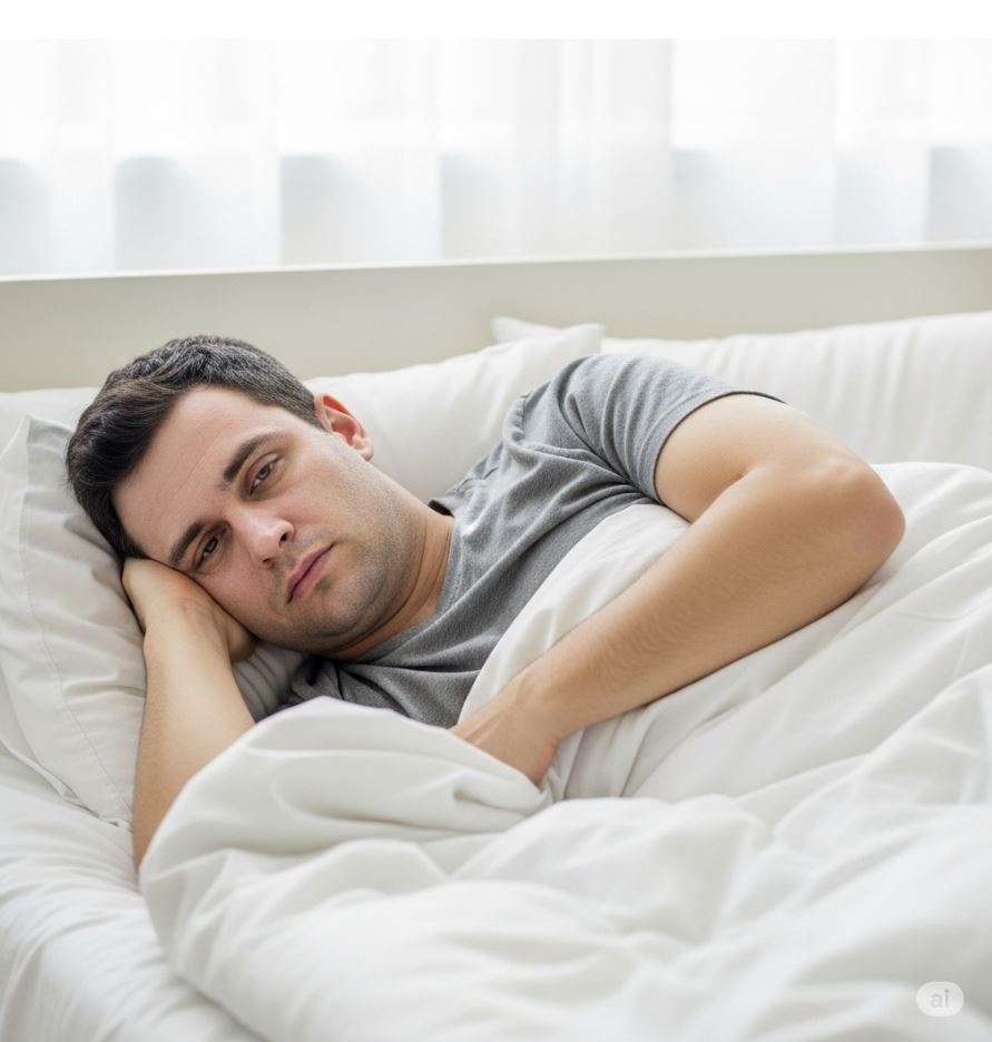 Long Covid 1 Alternativtext (Alt-Text): Long Covid – Mann liegt erschöpft im Bett und kann nichts machen, Symbol für anhaltende Erschöpfung und ganzheitliche Therapie in der Privatpraxis Dr. med. Doris Gottfried in Erlangen (Raum Nürnberg/Fürth)