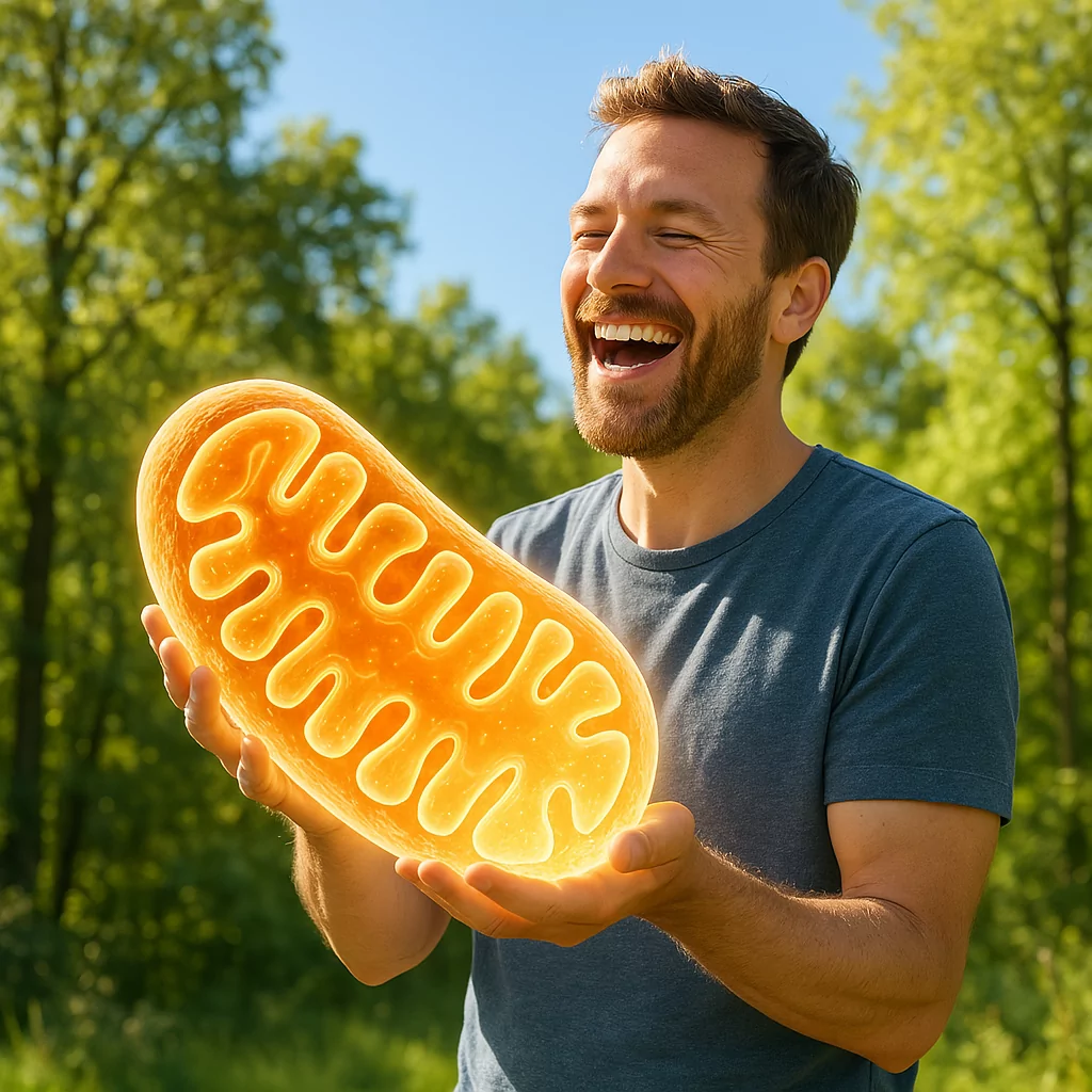 Mitochondrien – Mann hält ein übergroßes Mitochondrium in der Hand und lacht, Symbol für Energie und Gesundheit in der Privatpraxis Dr. med. Doris Gottfried in Erlangen (Raum Nürnberg/Fürth)