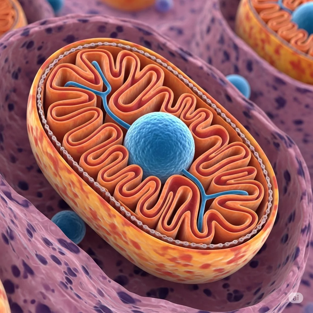 Mitochondrien: Darstellung einer halb geöffneten Zelle mit Zellkern und sichtbaren Mitochondrien – Symbol für Energieproduktion und Zellschutz in der Privatpraxis Dr. med. Doris Gottfried in Erlangen (Raum Nürnberg/Fürth)