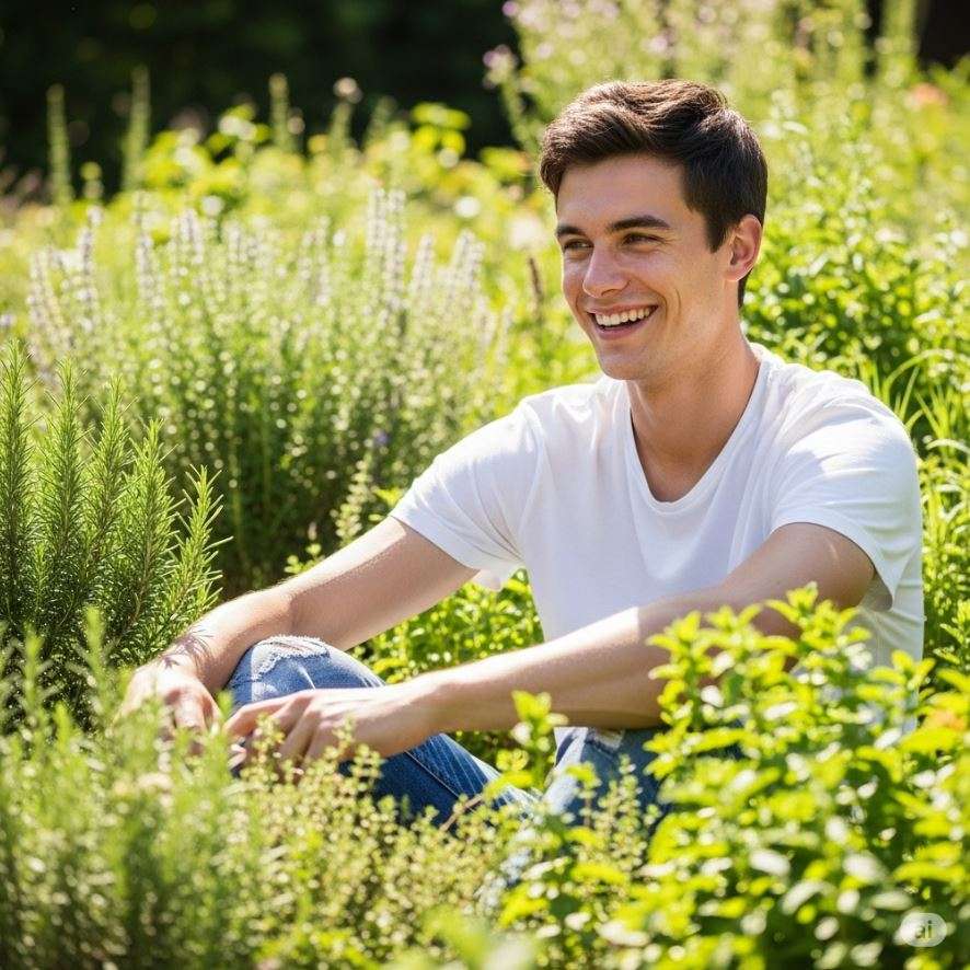 Naturheilverfahren Bild: Ein fröhlicher Junge sitzt inmitten einer bunten Landschaft voller Heilpflanzen und genießt die Natur. Die Illustration symbolisiert die Kraft der Naturheilkunde, pflanzliche Heilmittel und ganzheitliche Medizin, wie sie in der Privatpraxis Dr. med. Doris Gottfried in Erlangen (Raum Nürnberg/Fürth) angewendet werden.