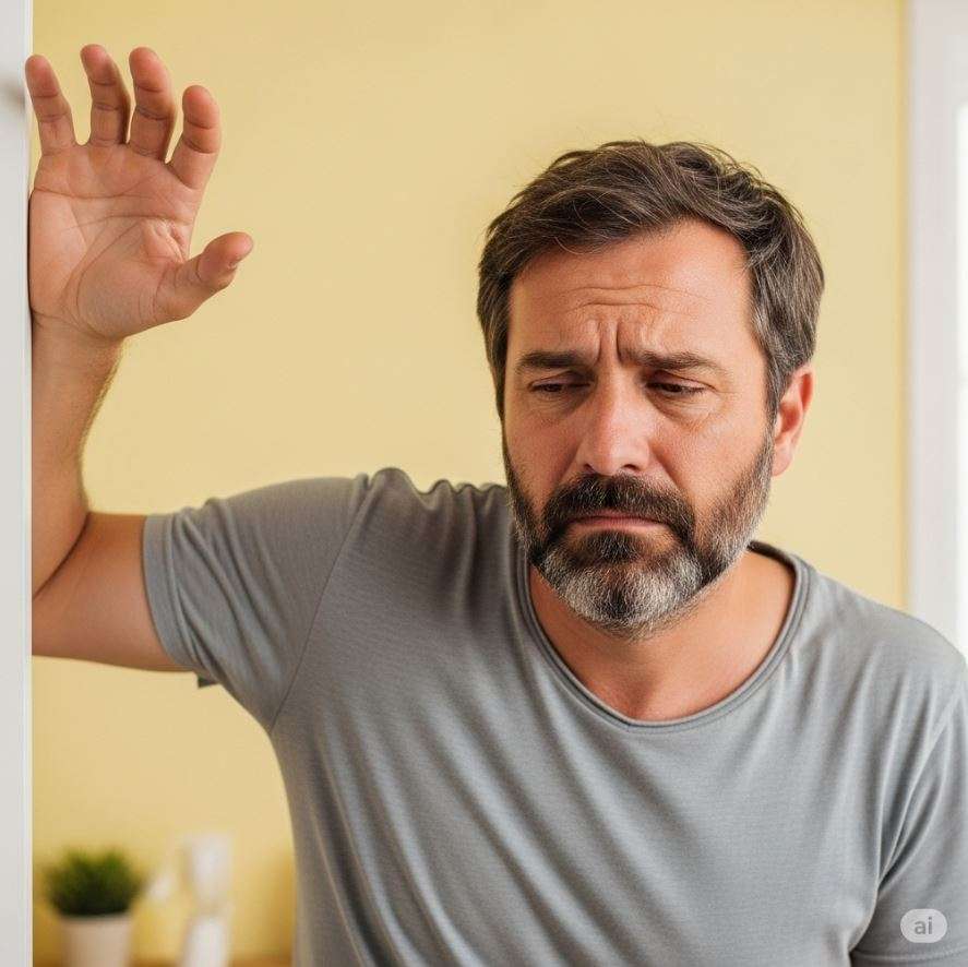 Schwindel und Tinnitus – Mann mit starkem Schwindelgefühl und Unwohlsein für ganzheitliche Therapie in der Privatpraxis Dr. med. Doris Gottfried in Erlangen Raum Nürnberg Fürth