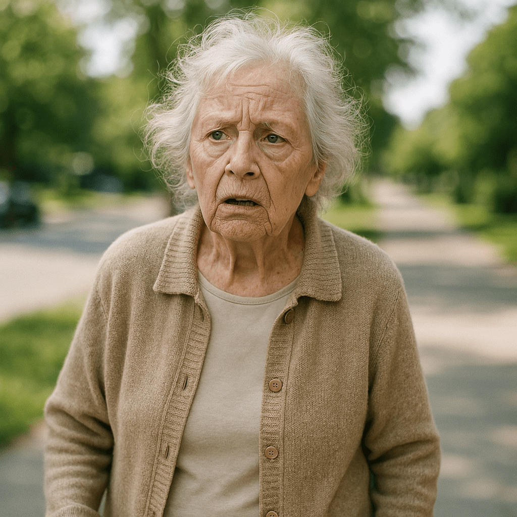 Ältere Frau wirkt verwirrt und läuft orientierungslos umher – Symbol für Alzheimer und Demenz, ganzheitliche Behandlung in der Privatpraxis Dr. med. Doris Gottfried in Erlangen (Raum Nürnberg/Fürth)