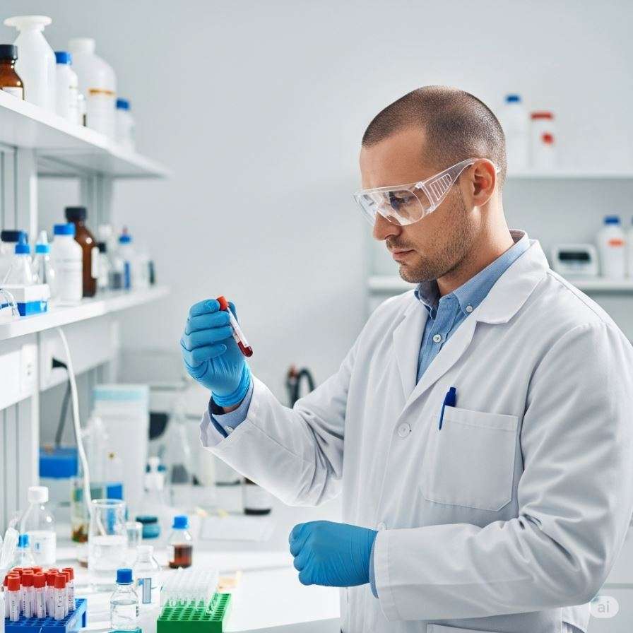 Spezielle Blutuntersuchungen: Ein Mann im Labor untersucht eine Blutprobe unter professionellen Bedingungen. Diese Szene steht für moderne Labordiagnostik, die in der Privatpraxis Dr. med. Doris Gottfried in Erlangen (Raum Nürnberg/Fürth) eingesetzt wird, um Mangelzustände, hormonelle Dysbalancen und Entzündungsmarker zu erkennen und mit ganzheitlicher Medizin zu behandeln.