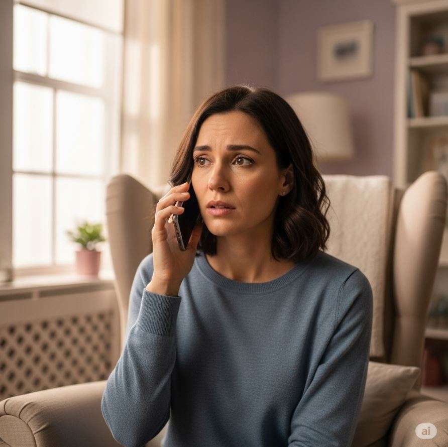 Spezielle Blutuntersuchungen: Eine Frau hält besorgt ihr Handy ans Ohr und telefoniert mit dem Arzt, um ihre Laborergebnisse zu besprechen. Das Motiv steht für die Bedeutung präziser Blutanalysen zur Erkennung von Mangelzuständen, hormonellen Dysbalancen und Entzündungswerten. In der Privatpraxis Dr. med. Doris Gottfried in Erlangen (Raum Nürnberg/Fürth) werden spezielle Blutuntersuchungen mit ganzheitlicher Diagnostik kombiniert, um individuelle Therapiepläne zu erstellen.