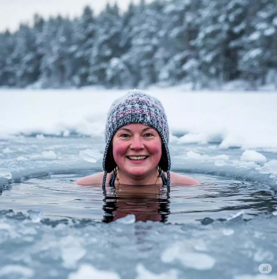 Eisbaden ganzheitliche Medizin in der Privatpraxis Gottfried in Erlangen (Raum Nürnberg/Fürth) – Frau mit Wollmütze im Eisloch eines zugefrorenen Sees