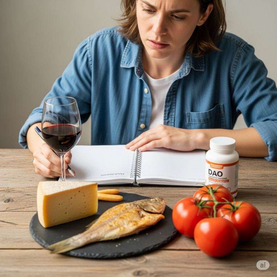 Histaminintoleranz ganzheitliche Medizin in Erlangen (Raum Nürnberg/Fürth) – Frau mit Beschwerden neben Rotwein, Käse, Fisch, Tomaten und DAO-Enzymen