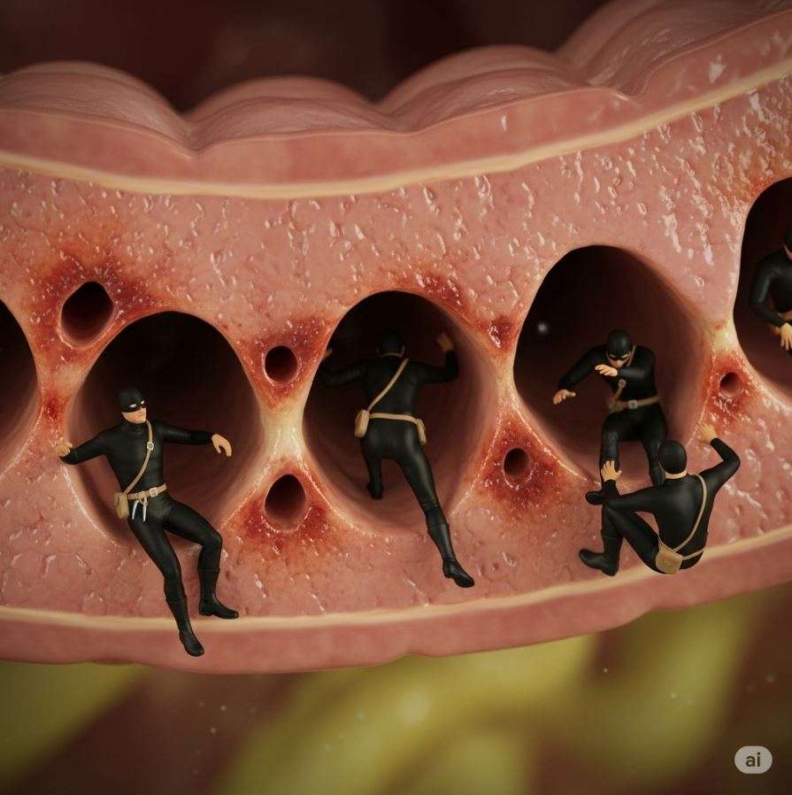 Leaky Gut Syndrom 4 Leaky Gut Syndrom ganzheitliche Medizin in Erlangen (Raum Nürnberg/Fürth) – vermummte Räuber dringen durch beschädigte Darmwand in den Körper ein