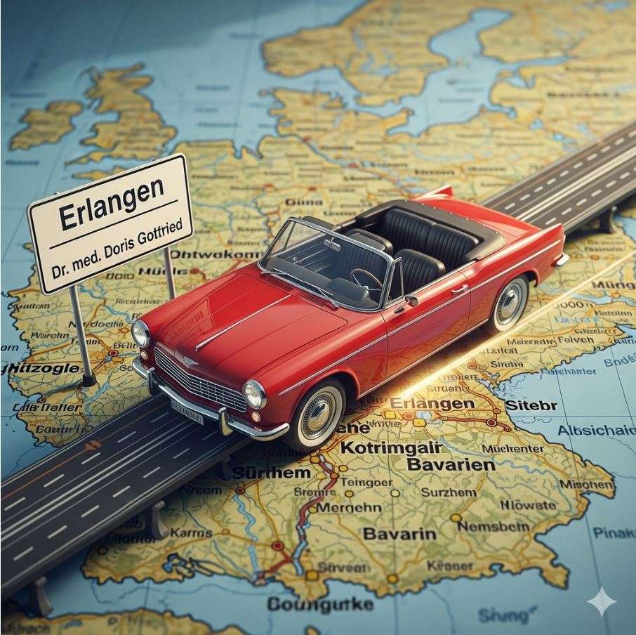 Erlangen, HWS Kurvenkorrektur Ersttermin, Erstbesuch Erlangen: Darstellung eines Autos und eines Praxisschildes „Privatpraxis Dr. med. Doris Gottfried“ auf einer Landkarte als Symbol für die Lage und Anfahrt zur Praxis für ganzheitliche Medizin (Raum Nürnberg/Fürth)