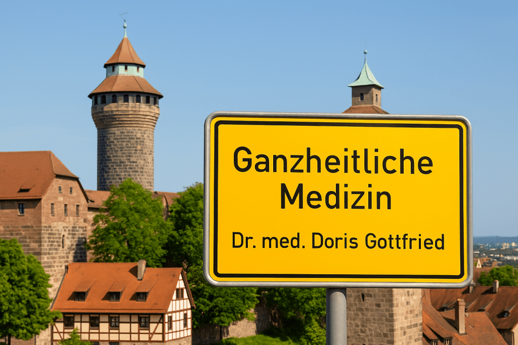 Burg Nürnberg bei Sonnenschein, im Vordergrund ein gelbes Ortsschild mit Aufschrift ‚Ganzheitliche Medizin – Dr. med. Doris Gottfried