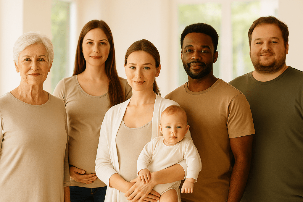 Vitamin D: Symbolbild für Risikogruppen bei Vitamin-D-Mangel: ältere Menschen, Schwangere, Mutter mit Baby, Person mit dunkler Hautfarbe, freundlich und hell belichtet