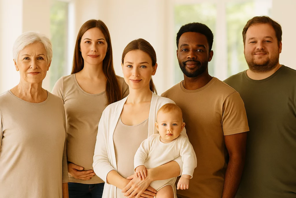 Vitamin D: Symbolbild für Risikogruppen bei Vitamin-D-Mangel: ältere Menschen, Schwangere, Mutter mit Baby, Person mit dunkler Hautfarbe, freundlich und hell belichtet