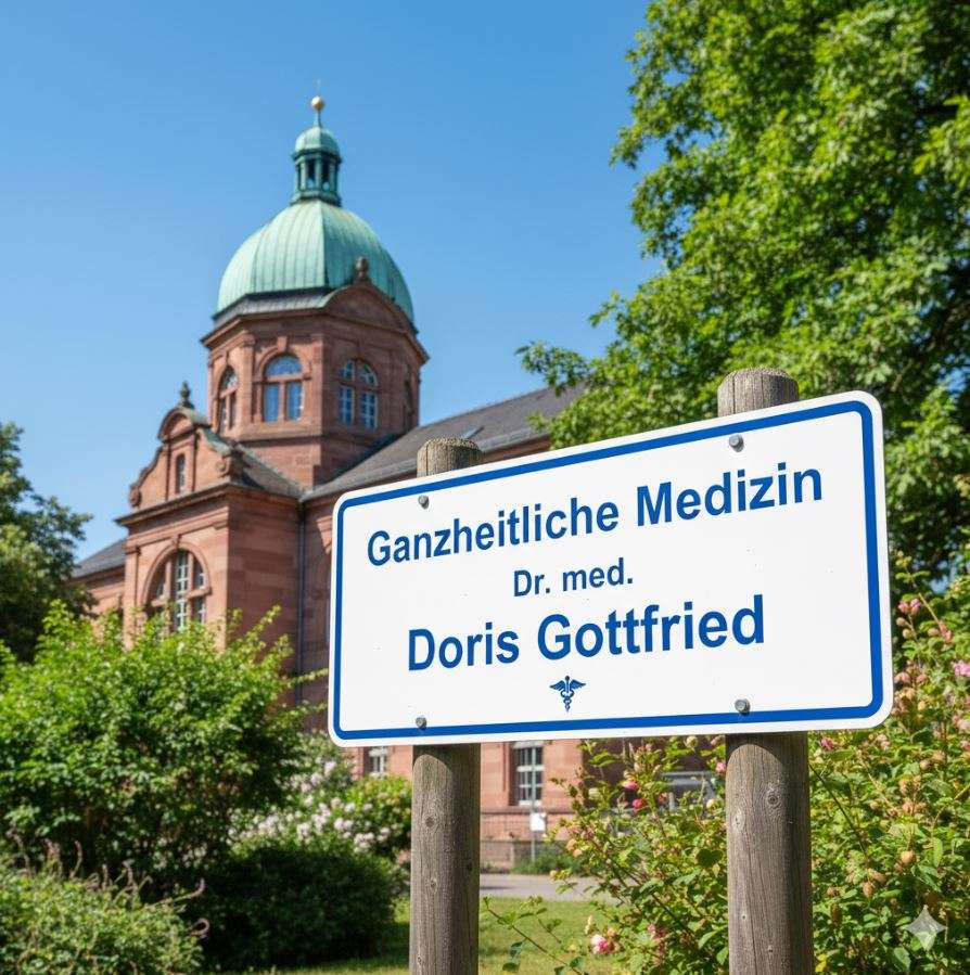 Das Wahrzeichen von Fürth und ein Praxisschild der ganzheitlichen Medizin von Dr. med. Doris Gottfried.