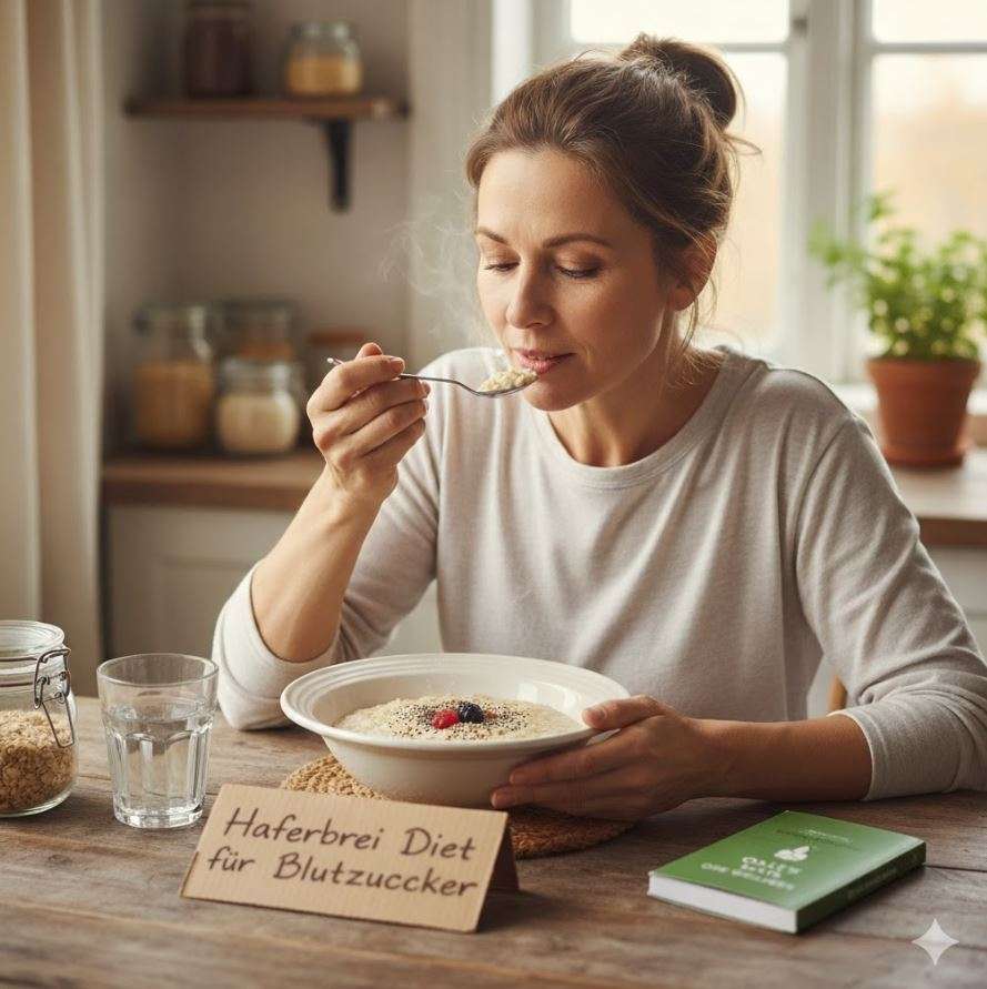 Diabetes: Frau isst Haferbrei (Porridge) als Teil einer Haferkur, um ihren Blutzucker und die Insulinresistenz auf natürliche Weise zu senken.