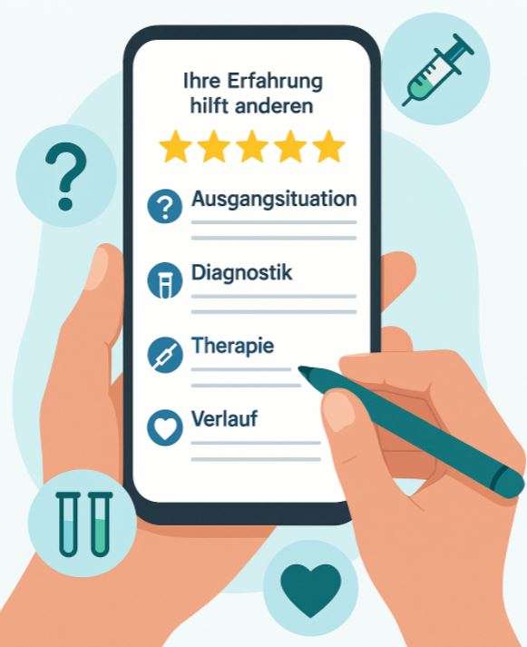 Feedback: Illustration eines Smartphones mit Bewertungsformular für Arztpraxis: Felder für Ausgangssituation, Diagnostik, Therapie und Verlauf, ergänzt durch Icons wie Fragezeichen, Laborröhrchen, Spritze und Herz