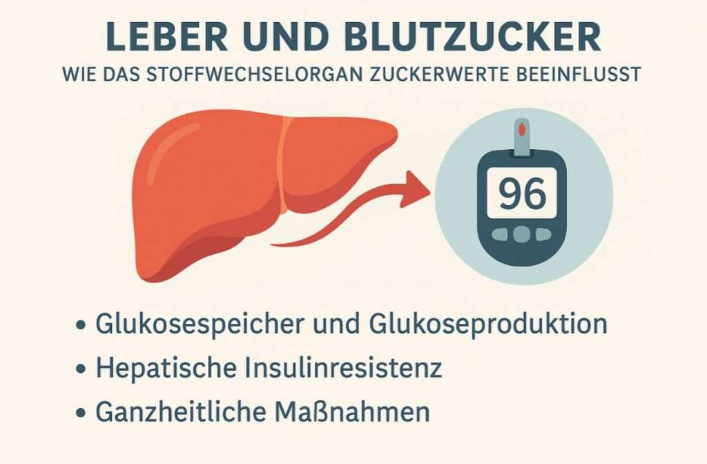 Illustration einer Leber mit Pfeil zu einem Blutzuckermessgerät, Symbol für die Rolle der Leber bei der Blutzuckerregulation, inklusive Stichpunkten zu Glukosespeicherung, hepatischer Insulinresistenz und ganzheitlichen Maßnahmen